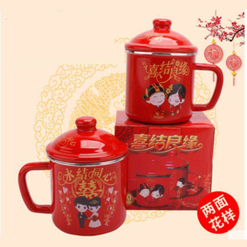 全红婚庆喜杯老式搪瓷结婚茶缸带盖情侣结婚搪瓷杯红色搪瓷水杯
