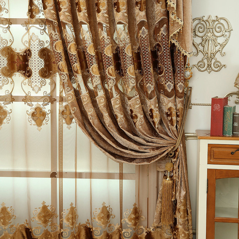 雪尼尔咖色镂空欧式高档绣花窗帘卧室客厅阳台绣花布成品落地窗纱