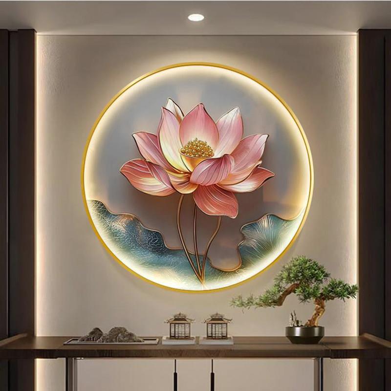 中国风荷花餐厅挂画新中式圆形玄关带灯装饰画客厅艺术LED灯壁画