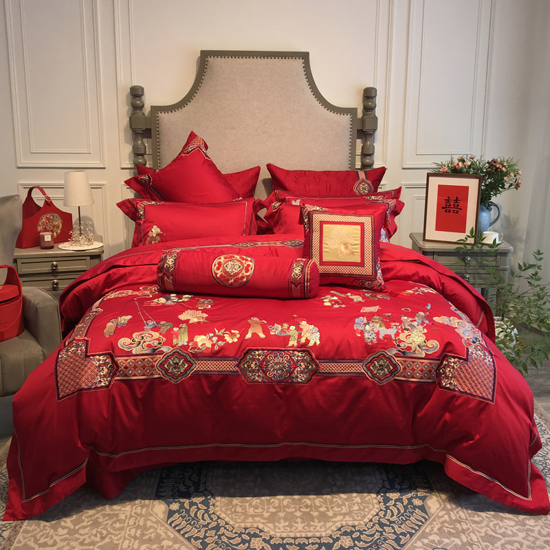 百子图奢华四件套纯棉全棉婚庆结婚婚嫁刺绣大红色婚喜被床上用品