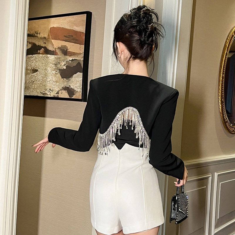法式独特超好看开衫流苏短外套性感百搭高级感时髦长袖黑色上衣女,女装/女士精品,短外套,淘宝优惠券,粉丝福利购,淘宝优惠卷