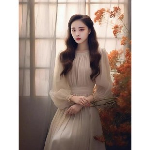 2024新小个子春秋款高级感雪纺连衣裙长袖高档显瘦外穿系穿搭长款