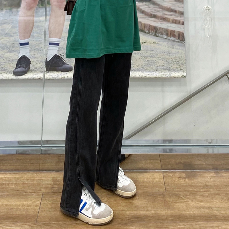 梨形身材牛仔裤女大码胖妹妹mm设计感高腰宽松显瘦直筒开叉阔腿裤