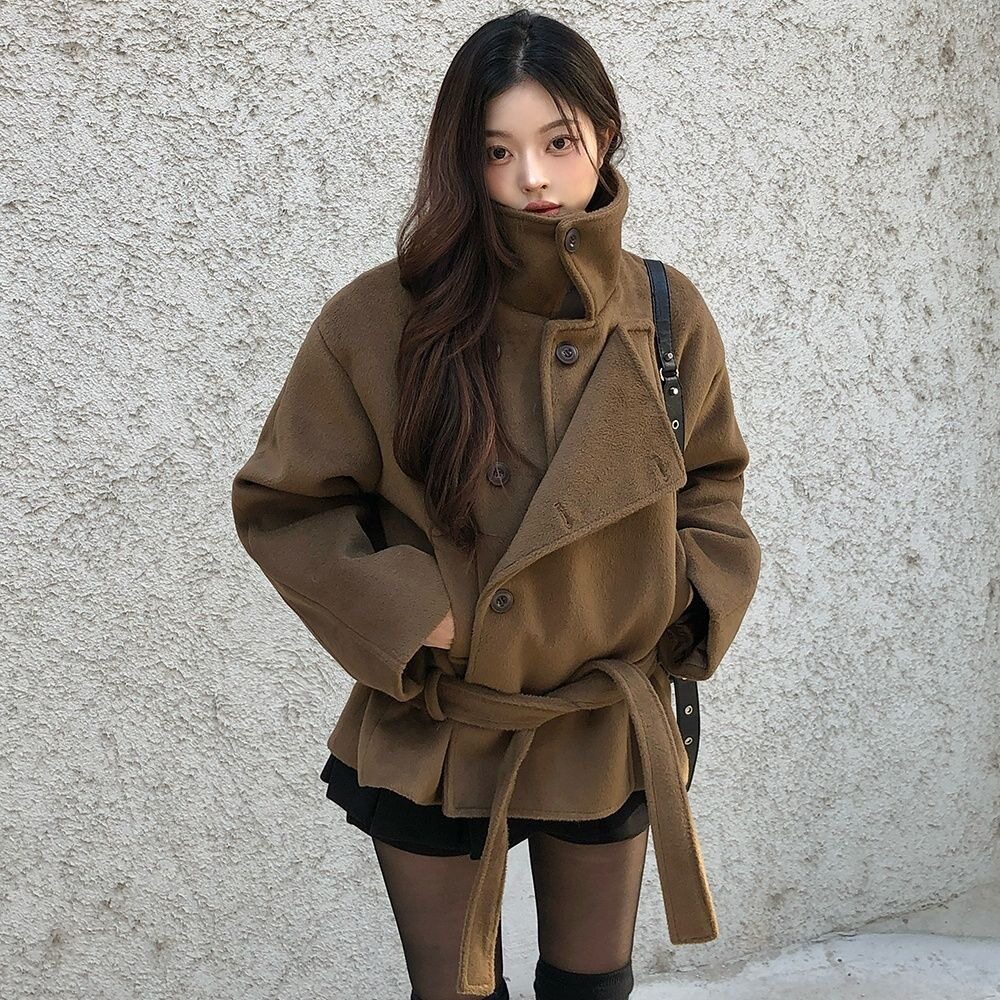立领短款毛呢外套女2026秋冬新款小个子廓形系带短款呢子大衣韩系