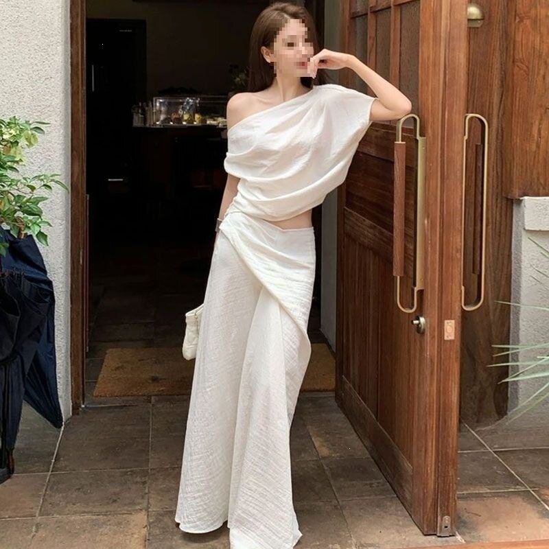 老钱风气质时尚套装女夏季慵懒风露肩上衣高腰显半身裙两件套