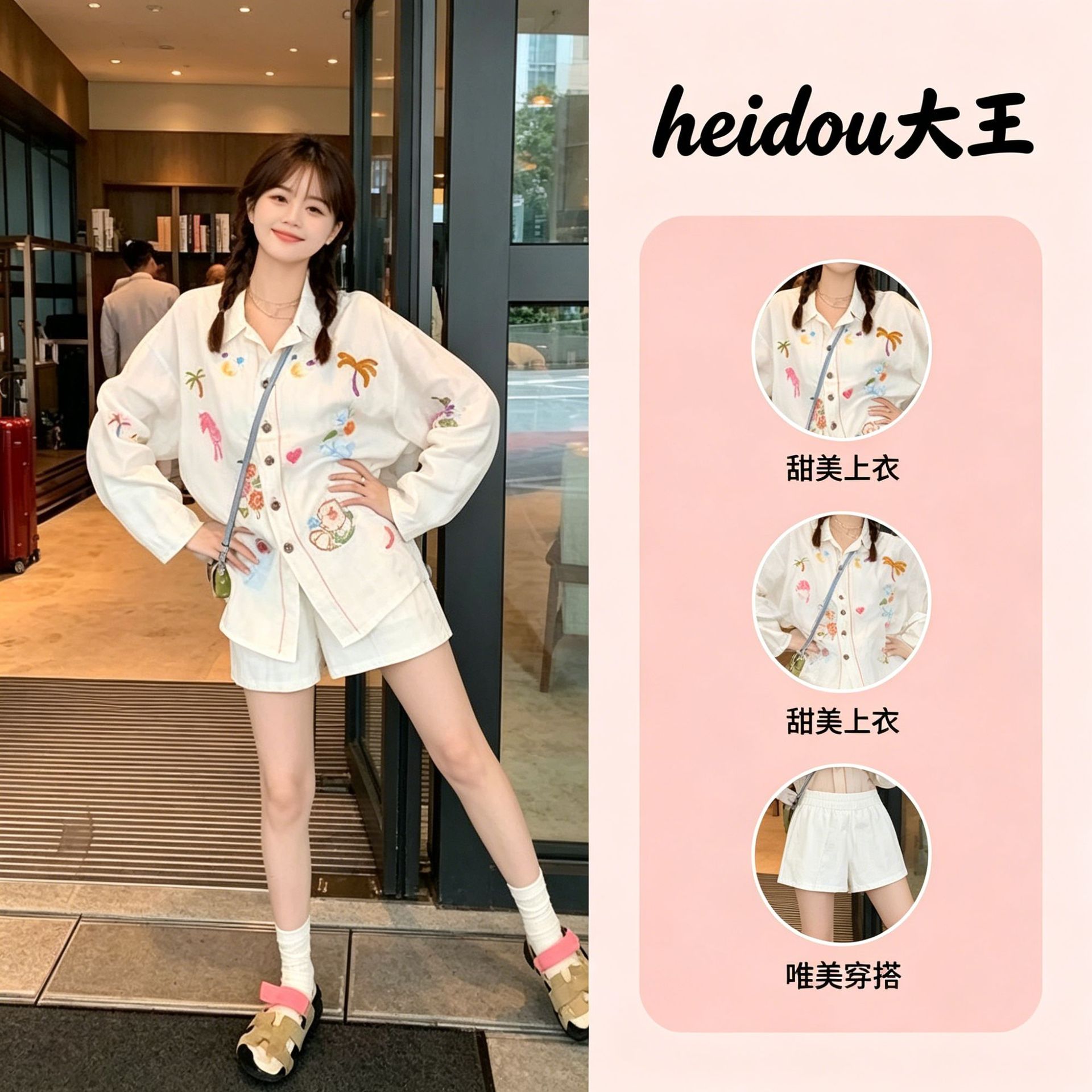 夏日多巴胺套装女2025新款棉麻刺绣上衣女防晒开衫阔腿短裤两件套