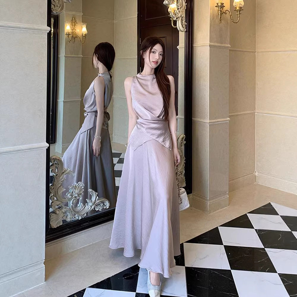 法式温柔风缎面系带无袖上衣高腰半身裙两件套女夏女神范气质套装