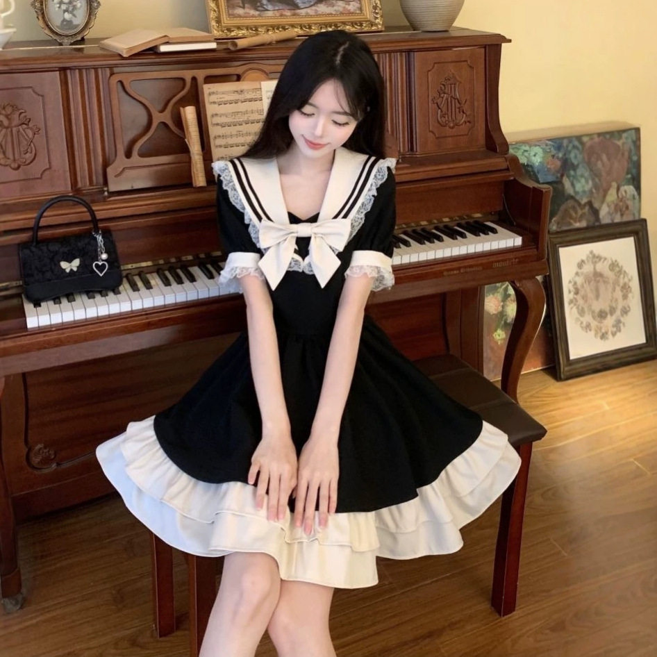 大码女装胖mm蝴蝶结海军领蕾丝边连衣裙夏季学院风收腰显瘦小黑裙