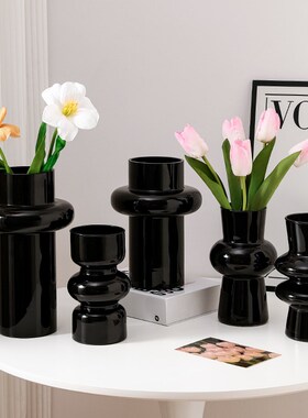 高级感简约黑色玻璃花瓶办公桌客厅水养鲜花茶几餐桌插花装饰摆件