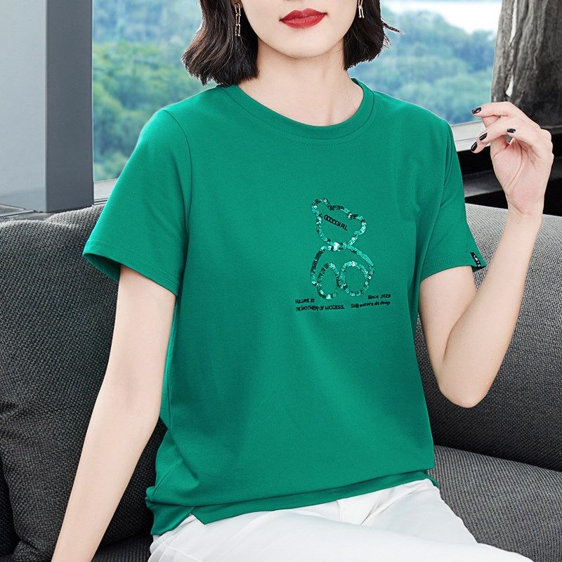 中年妈妈绿色短袖T恤女2024新款夏季洋气亮片圆领宽松休闲上衣潮,女装/女士精品,T恤,淘宝优惠券,粉丝福利购,淘宝优惠卷