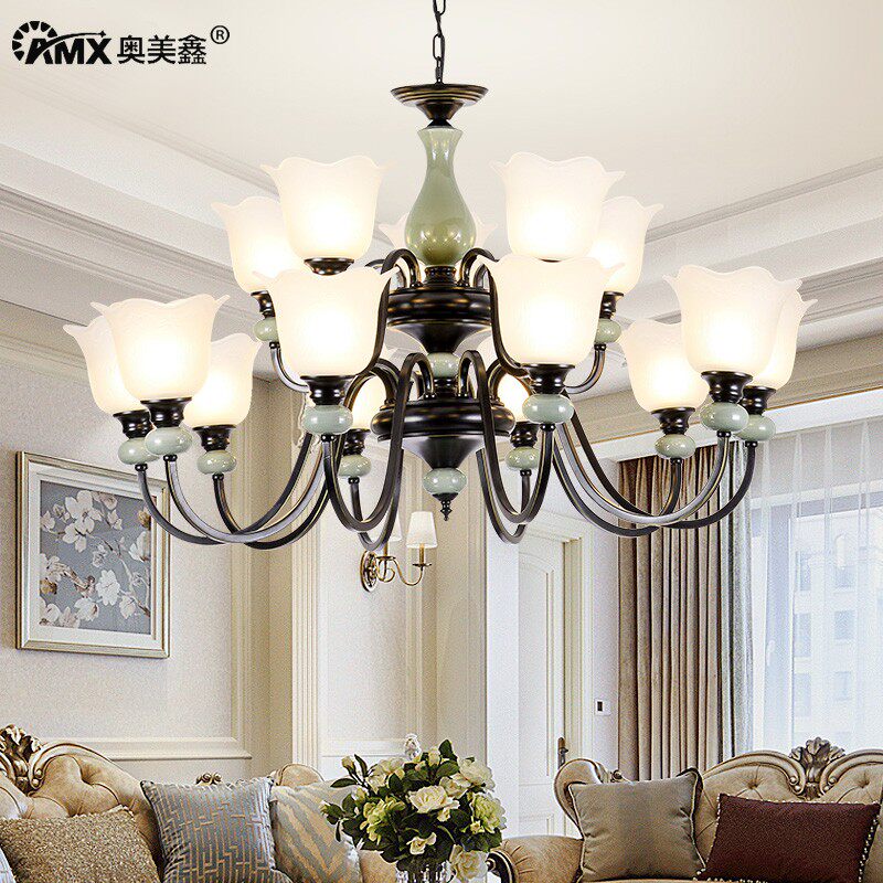 美式简约陶瓷吊灯乡村田园卧室家用大气别墅创意铁艺8头欧式灯具