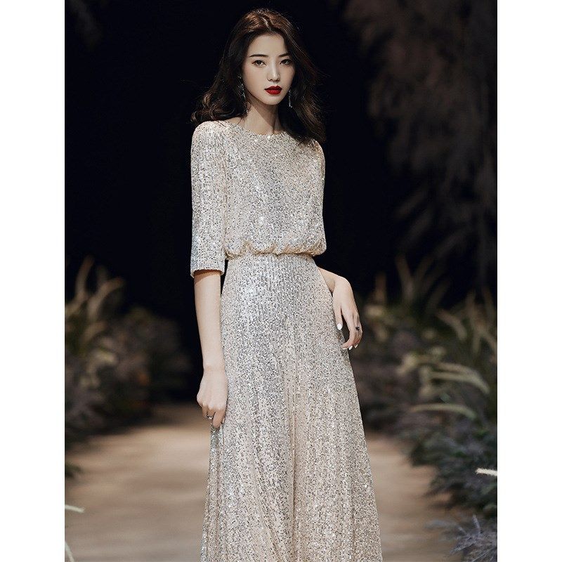 小个子中长亮片晚礼服女气质高级感主持人高腰长裙年会聚会宴会明