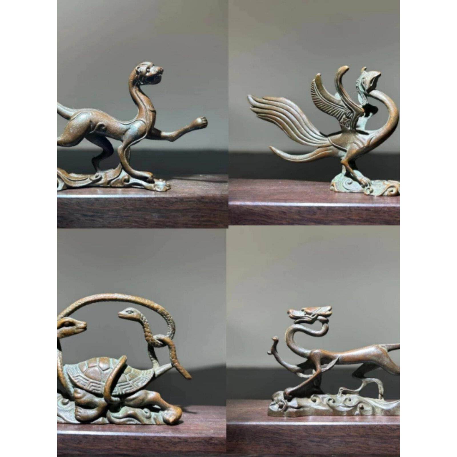 中国古典金属四吉祥兽文镇古四神兽龙龟浮雕无聊皮绣青龙玄武朱雀