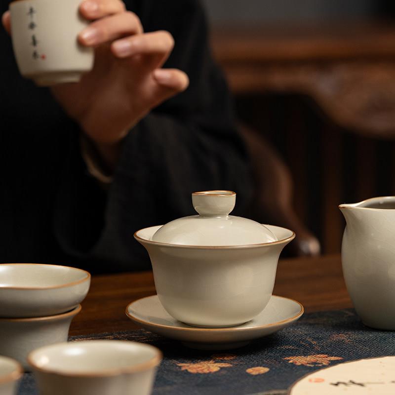 米黄汝窑三才盖碗茶杯单个家用泡茶碗陶瓷可养开片盖碗茶功夫茶具