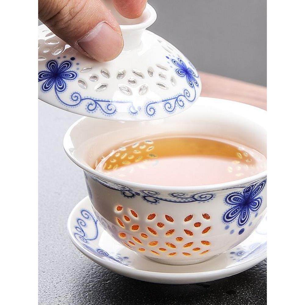 景德镇汝窑玲珑镂空茶具青花三才盖碗茶杯单个不烫手泡茶碗三泡台