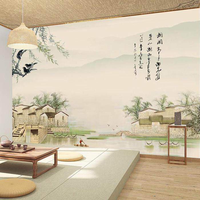 新中式手绘花鸟电视背景墙纸水墨画玉兰墙布客厅餐厅山水复古壁画