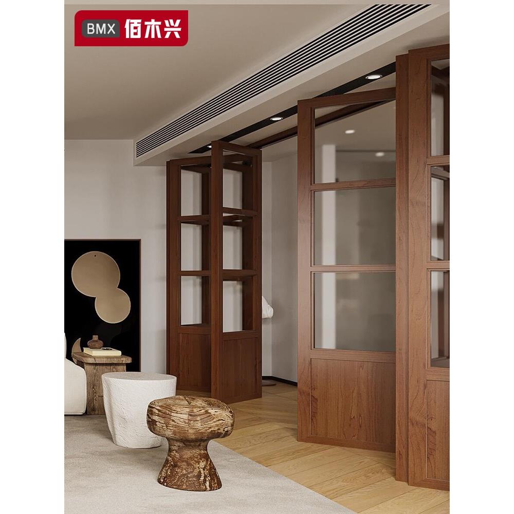 折叠门隔断门中古覆古风木门书房吊轨门阳台无下轨移门折叠推拉门