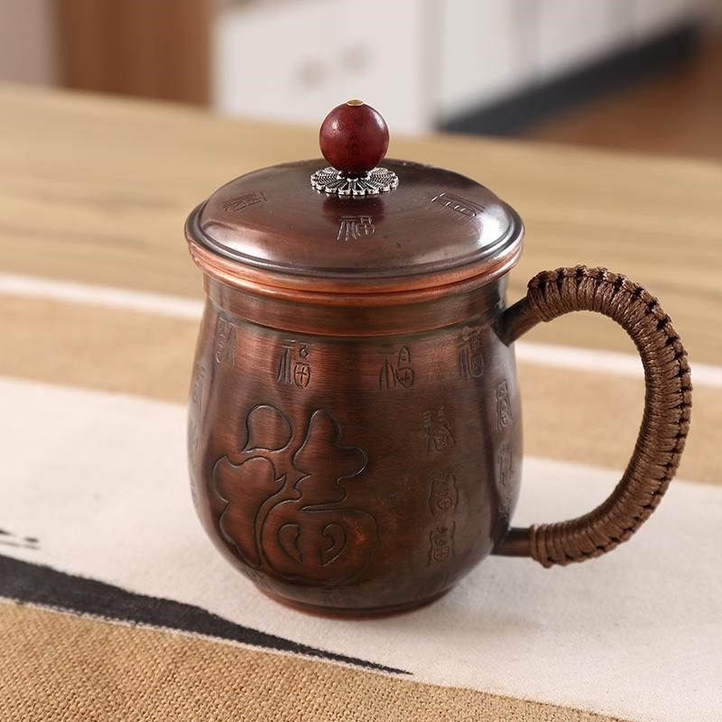 纯铜泡茶杯紫铜带把办公杯带盖茶杯喝水杯铜茶缸直筒咖啡杯耐热