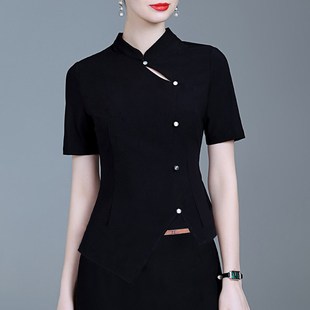 黑色新中式上衣女夏季新款设计感衬衣短袖修身显瘦高级感国风衬衫