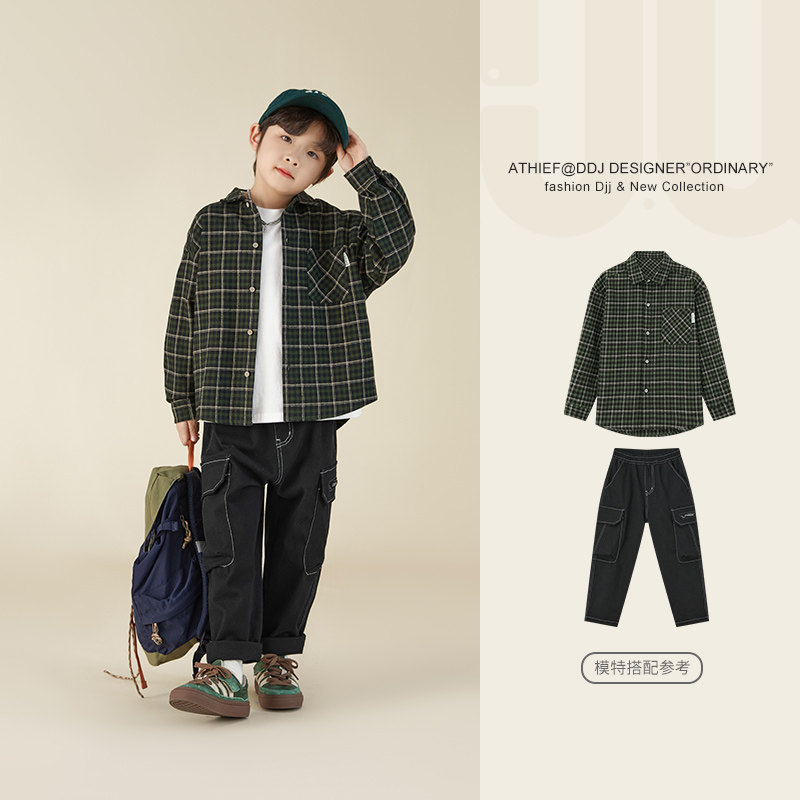 多多家童装男童格子衬衫2024春季新款纯棉宽松外套儿童复古上衣潮