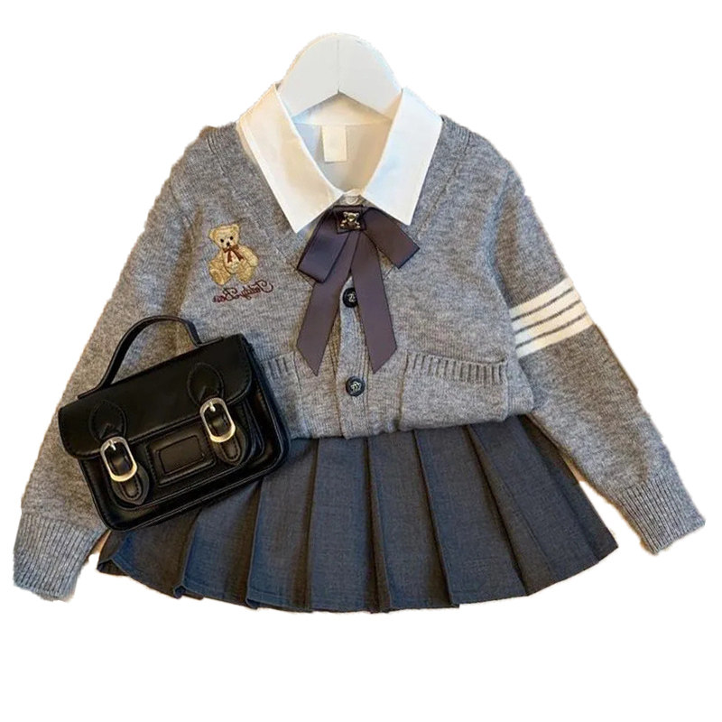 女童学院风JK套装秋冬季儿童百褶半身裙针织开衫外套长袖衬衫英伦