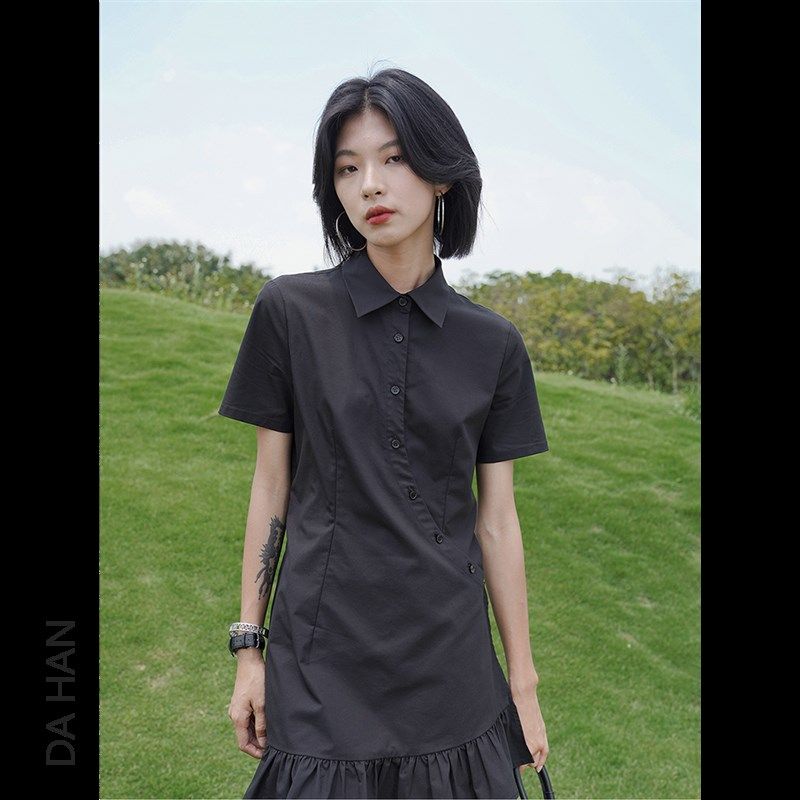 学院风荷叶边衬衫裙小翻领polo连衣裙女夏季薄款短袖小个子小黑裙