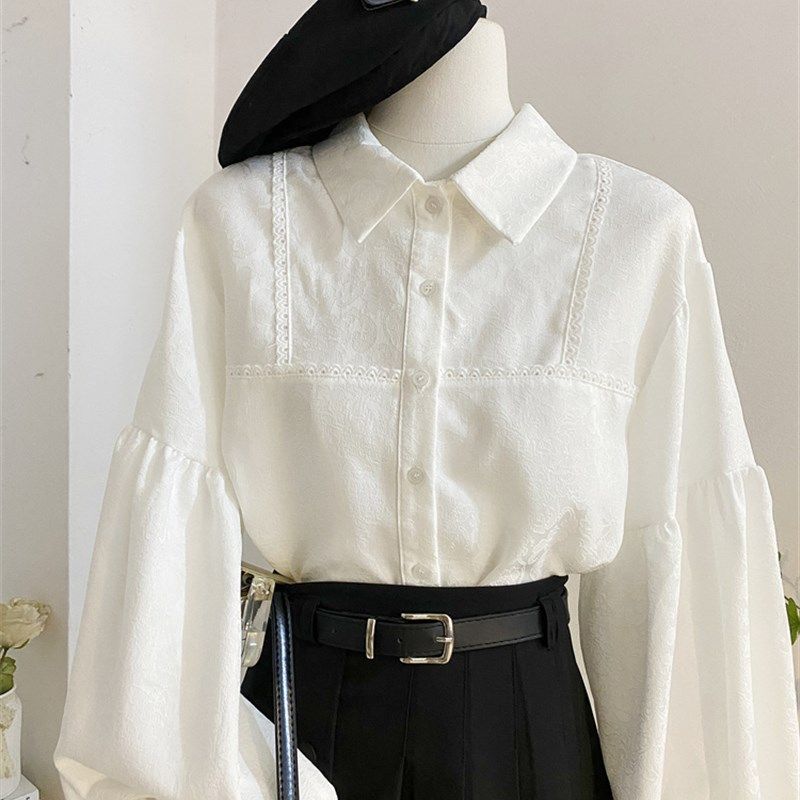白色POLO领灯笼袖衬衫女秋冬设计感宽松蕾丝拼接长袖上衣打底衬衣