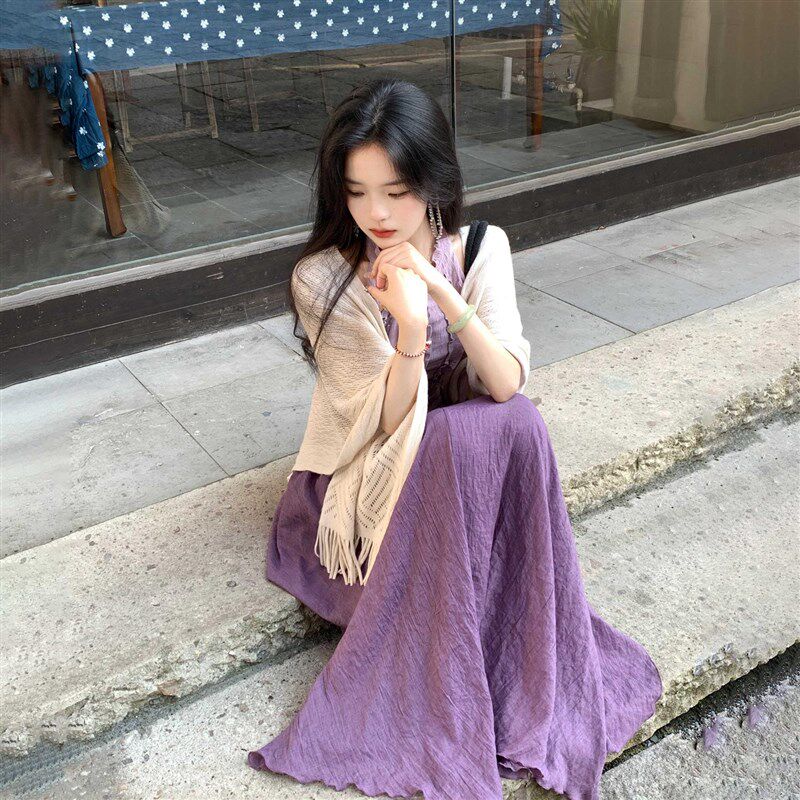 一罐杏仁桃 【盏烟黛】紫色荷叶边挂脖吊带背心套装A字长裙两件套
