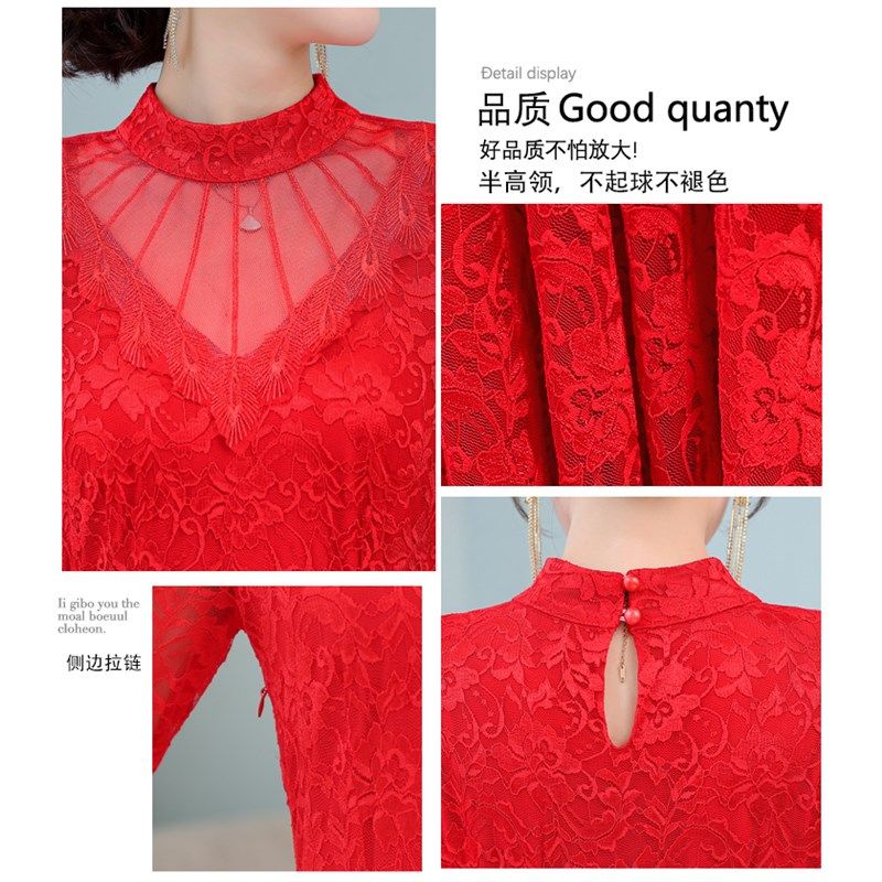 红色长袖连衣裙2023蕾丝长裙时尚收腰镂空复古气质高端妈妈礼服裙