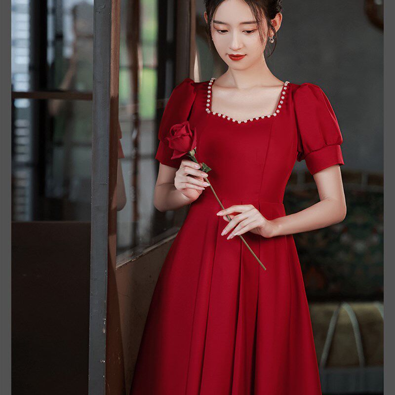 高端敬酒服小个子新娘平时可穿钉珠简约大方优雅中长款礼服裙新娘