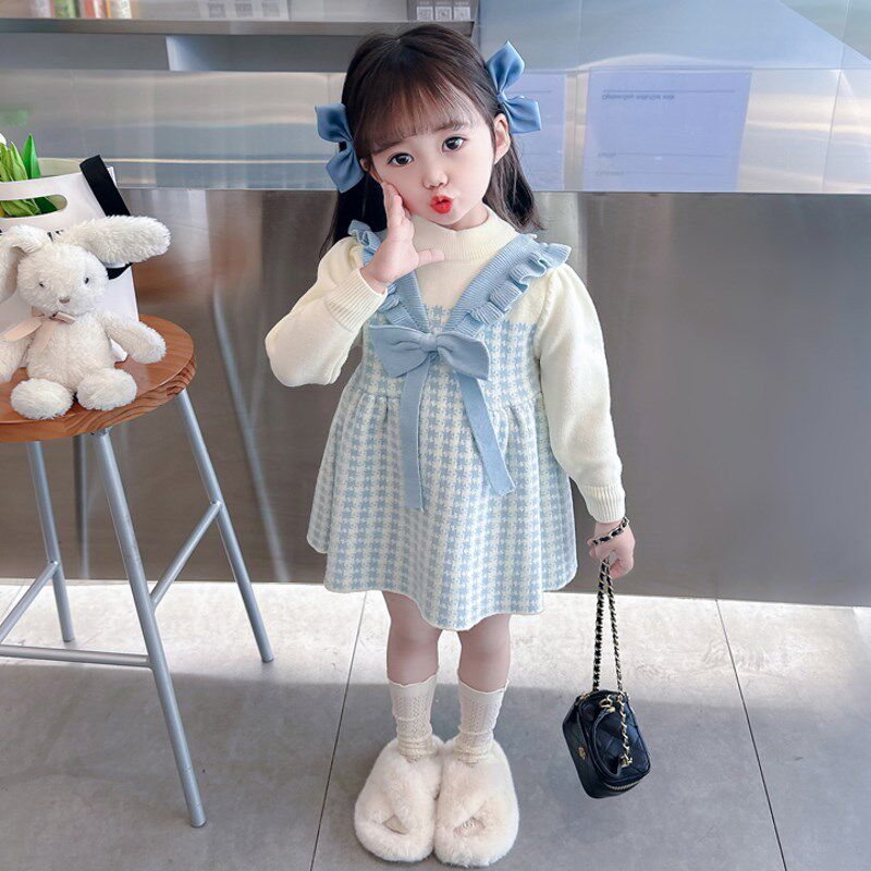 儿童春秋季2024新款格子女童针织毛衣连衣裙女孩宝宝春装春款裙子