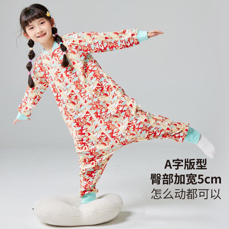 灵灵多女童春季连体睡衣纯棉儿童连身睡袋中大童宝宝防着凉睡衣