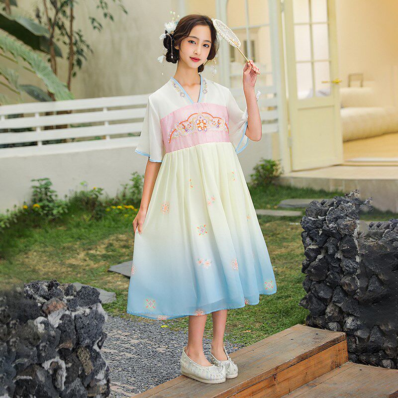 胖女童连衣裙儿童夏季加肥加大短袖汉服裙中大童古装国风大码裙子