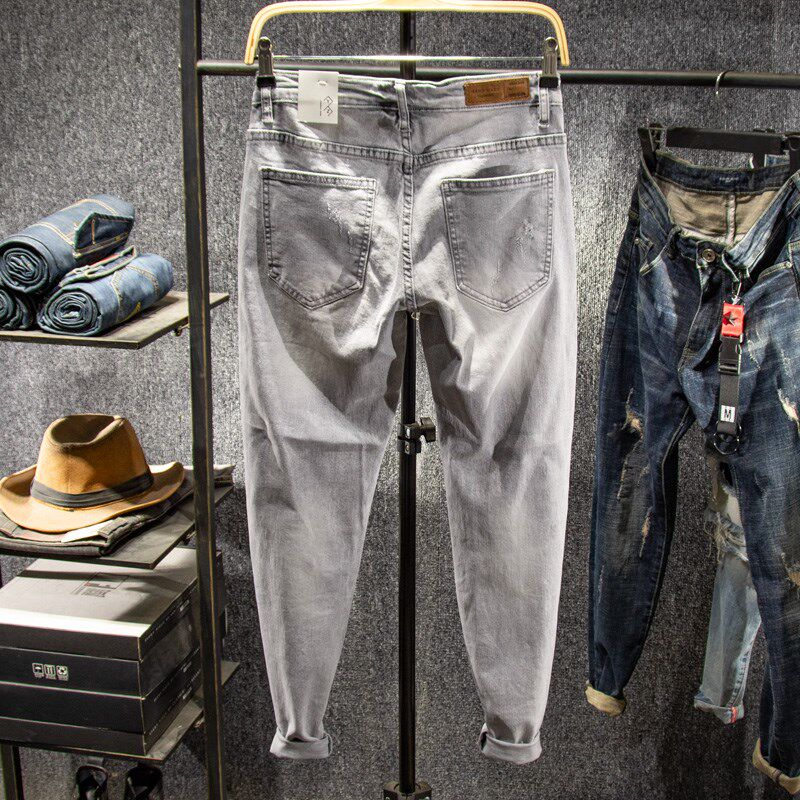 三古木棉2020新款高端九分裤男修身小脚浅色毛边紧身牛仔裤男9分