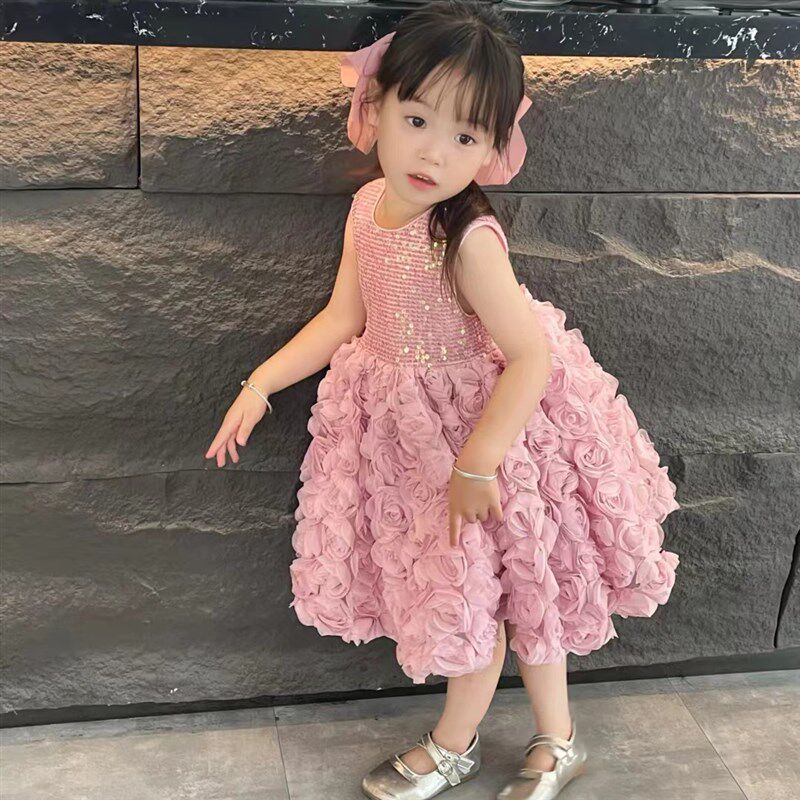 粉色儿童礼服裙花童婚礼小女孩轻奢小众高端女童生日钢琴演奏夏季