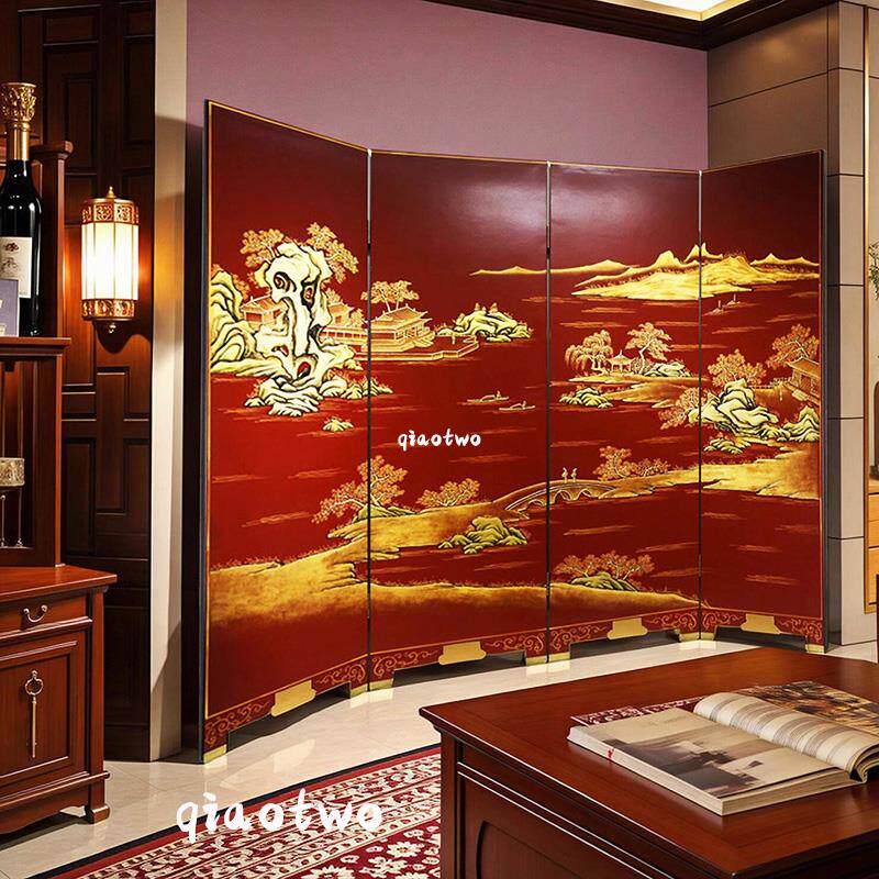 古典中式描金屏风隔断壁画装饰画纯手工酒店大堂漆画背景包间装饰