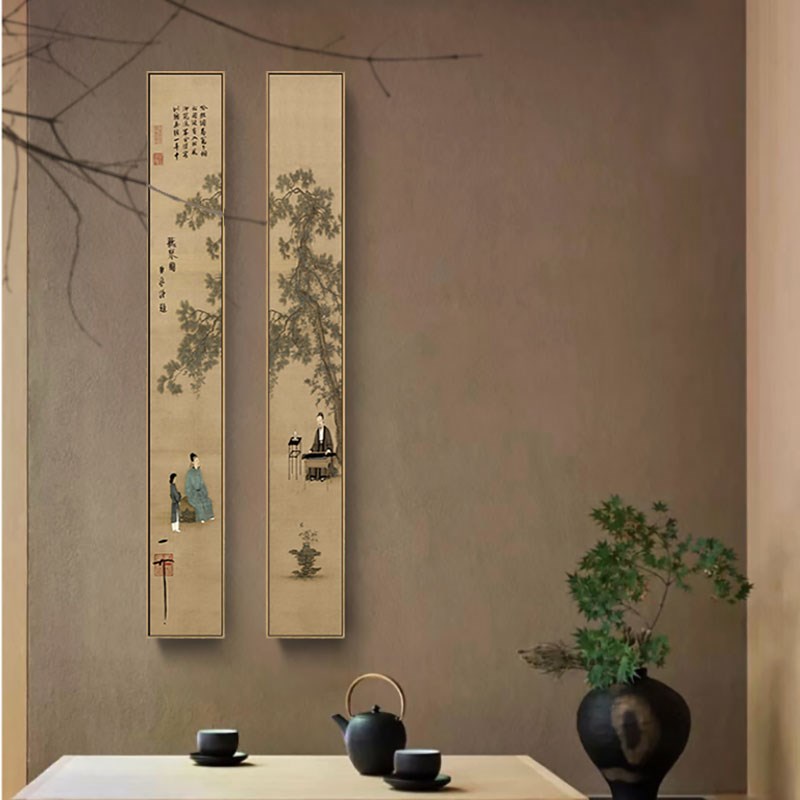 网红听琴图新中式装饰画客厅茶室背景墙壁画书房玄关挂画长条竖版
