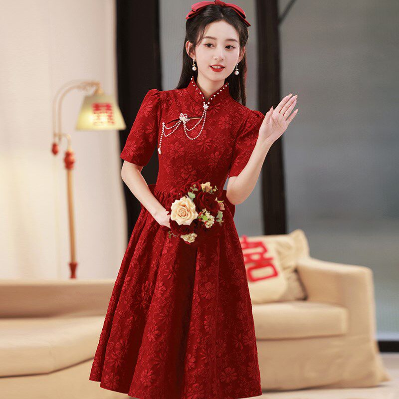 旗袍敬酒服新娘夏季小个子酒红色订婚礼服裙中式回门女复古改良版