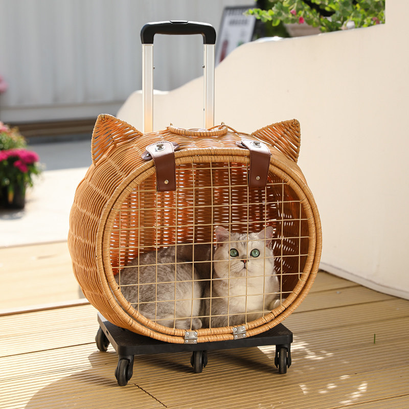 藤编拉杆猫包 便携式猫推车 可载20斤猫只 车载用宠物推车