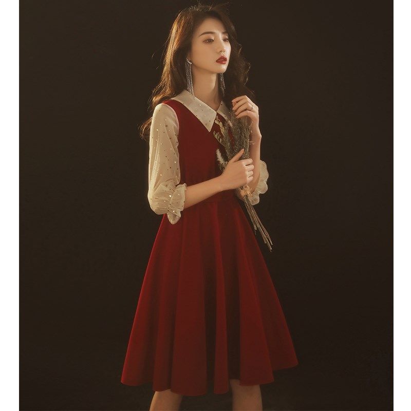 敬酒服新娘春季订婚红色小礼服连衣裙夏平时可穿回门娃娃领小个子