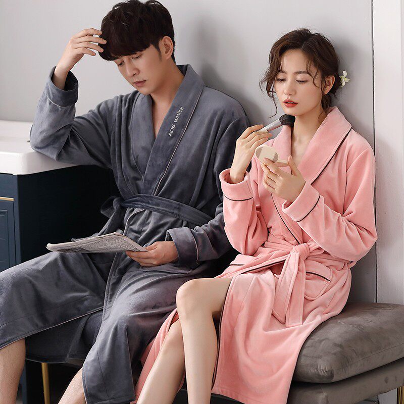 情侣睡袍珊瑚绒秋冬薄款海岛绒2021年新款浴衣浴袍男女中长款睡衣