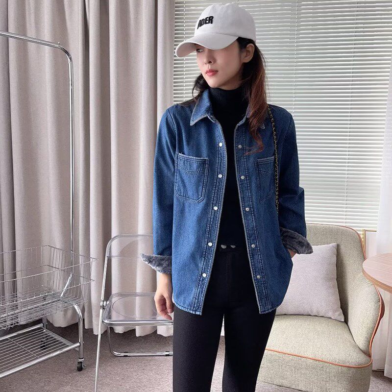 蓝色加绒牛仔衬衫女新款秋冬季港味水洗棉加厚长袖宽松衬衣女外套