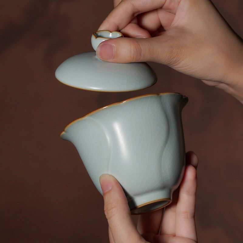 汝窑二才盖碗茶杯景德镇陶瓷大号泡茶碗复古手工青瓷礼盒装花满堂