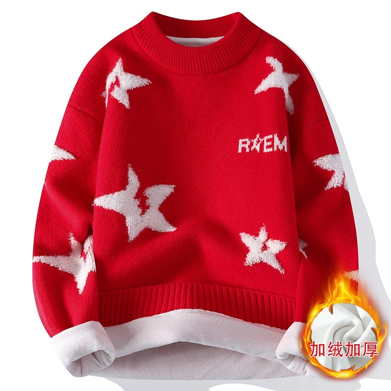 提花毛衣男款秋冬季加绒加厚本命年红色内搭打底衫学生过年针织衫
