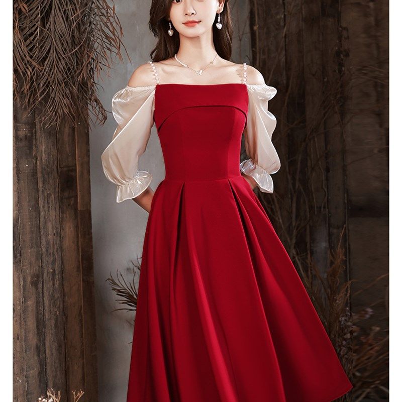 小个子敬酒服新娘礼服女高级感优雅方领五分袖钉珠中长款订婚服