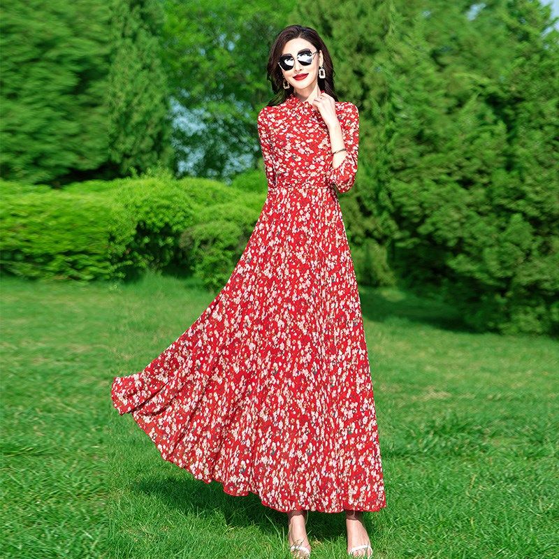 长袖碎花连衣裙女2024夏季雪纺大摆高级感长款气质显瘦长裙到脚踝