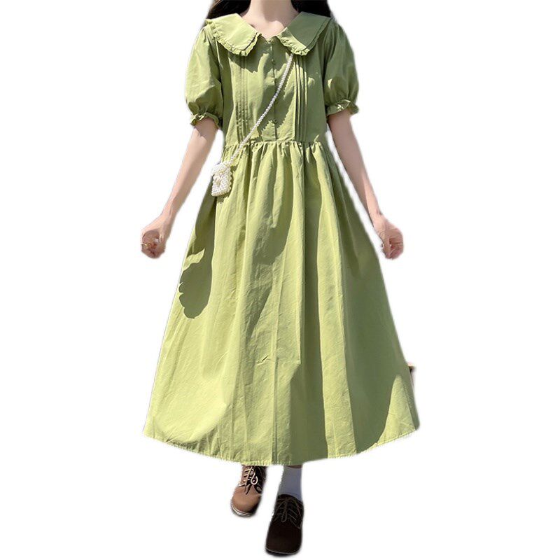 连衣裙少女娃娃领夏季初中学生高中女生夏装长款过膝长裙子学院风