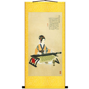 仕女弹琴古筝吹箫笛子 古代乐器教室书房装饰画复古人物卷轴挂画
