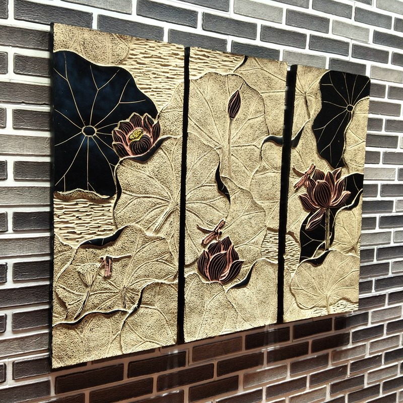 仿古无框画装饰画家居饰品茶庄民宿浮雕荷花壁饰背景组合挂件荷影