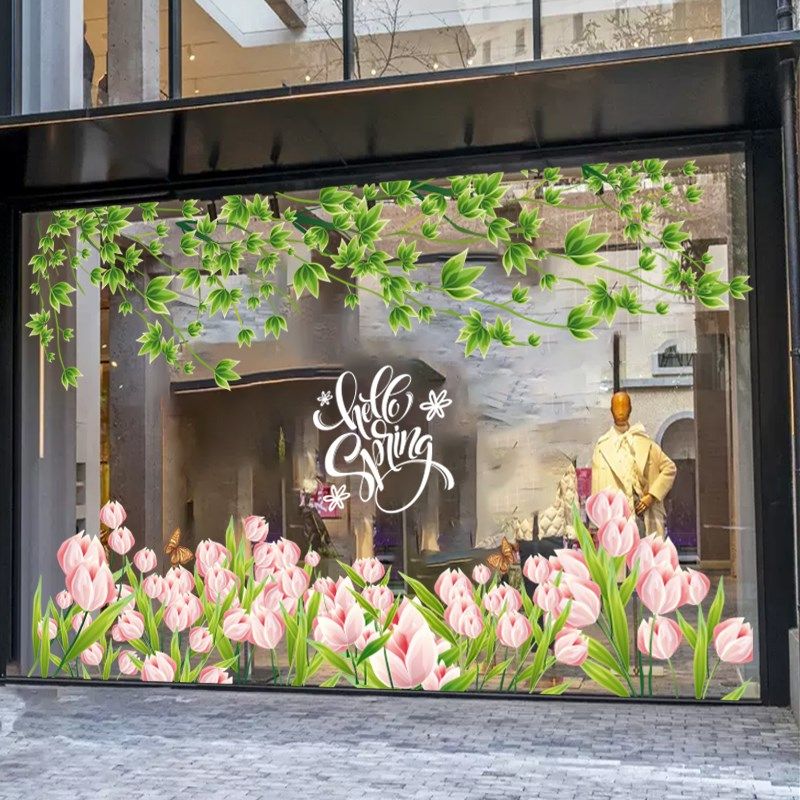 2024春季花朵静电贴纸春天商场服装店铺氛围布置玻璃门橱窗装饰贴,家居饰品,软装墙贴,淘宝优惠券,粉丝福利购,淘宝优惠卷